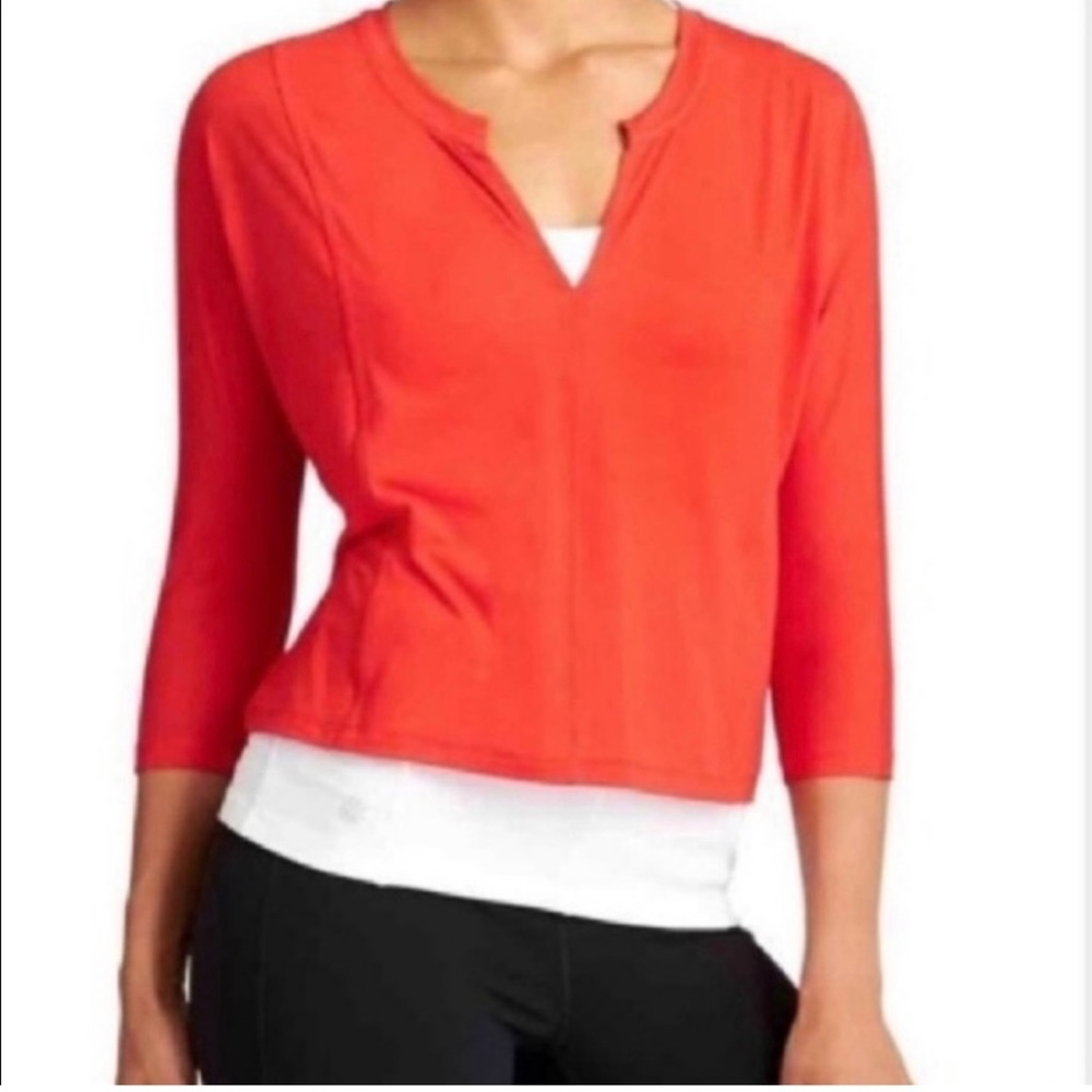 athleta essence boxy red v-neck 3/4 sleeve top